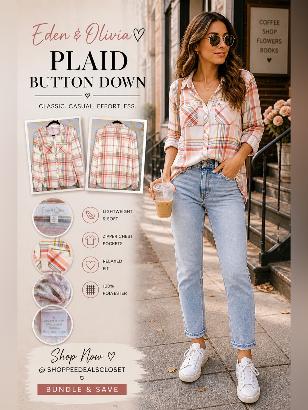 Edan & Olivia Plaid Zip Pockets Tab Long Sleeved Button Down Shirt‎